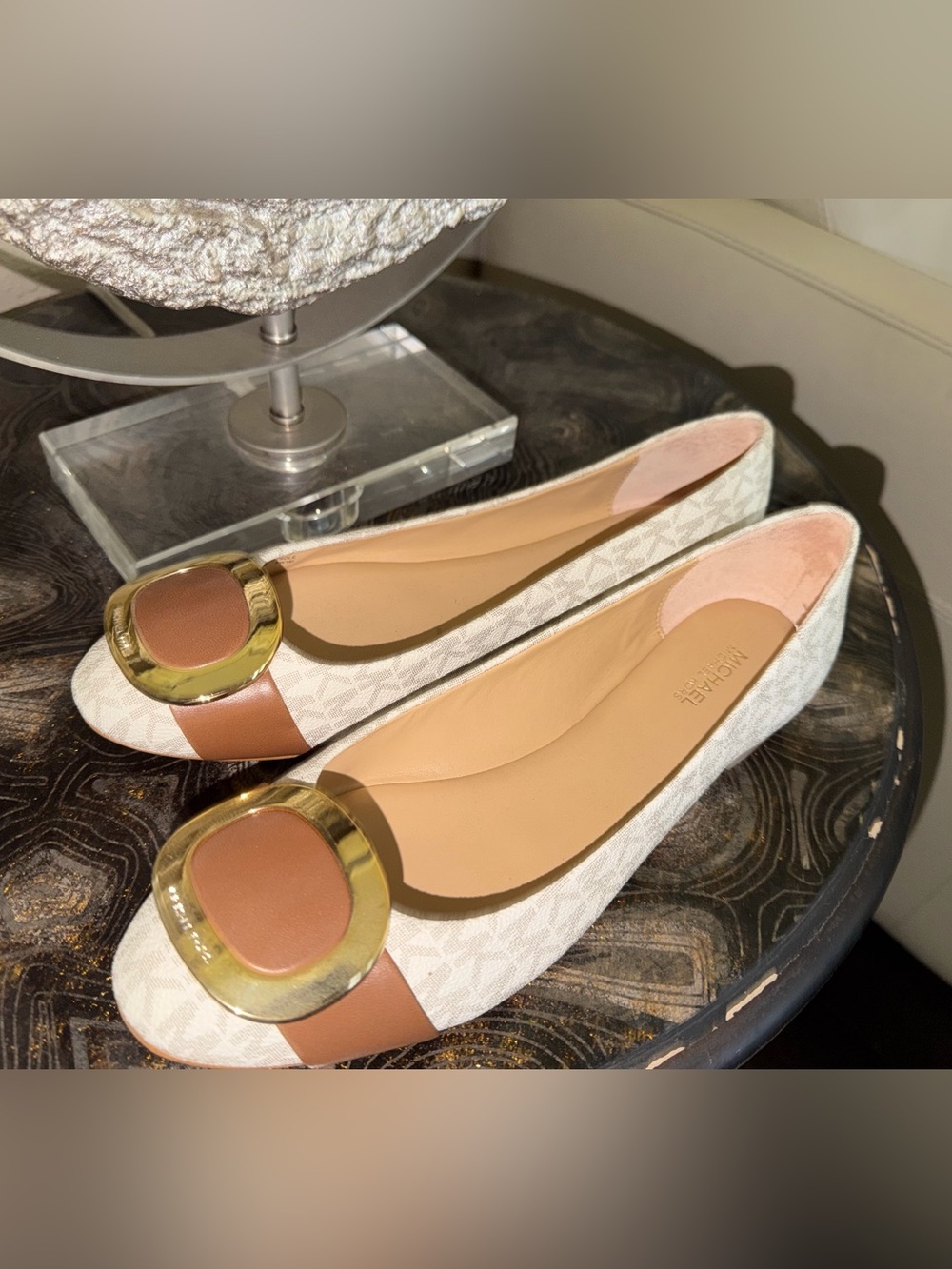 Michael Kors Beige Logo Ballet Flats with Tan Leather Trim and Gold Buckle